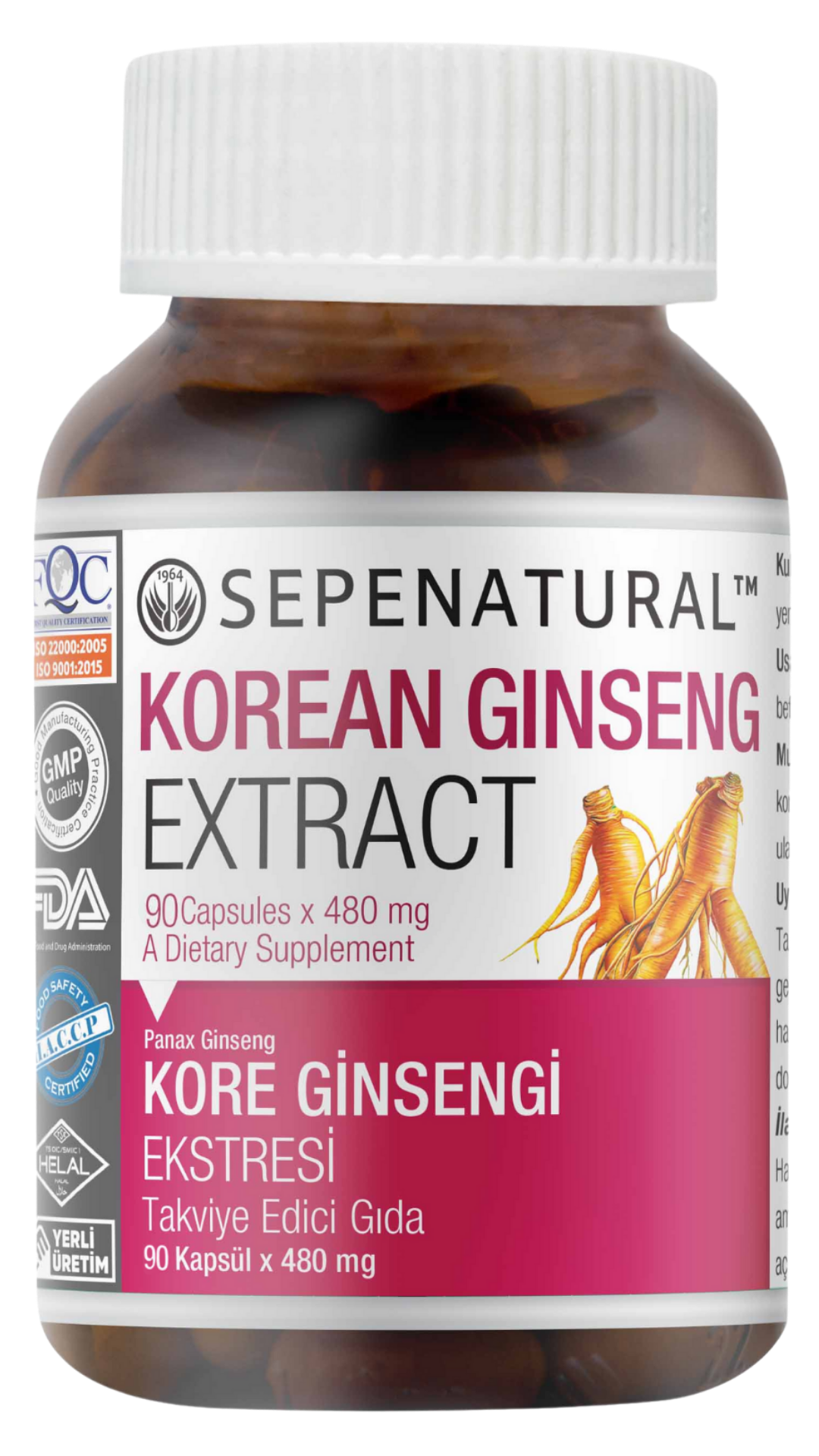 SEPE NATURAL Korean Ginseng Kore Ginseng Kök Ekstresi 90 Kapsül x 480 mg Kırmızı Ginseng, Panax