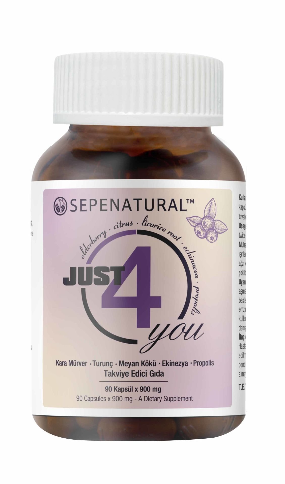 Just 4 You Kara Mürver, Propolis, Turunç, Meyan Kökü, Ekinezya Ekstreleri 90 Kapsül x 900 mg SEPE